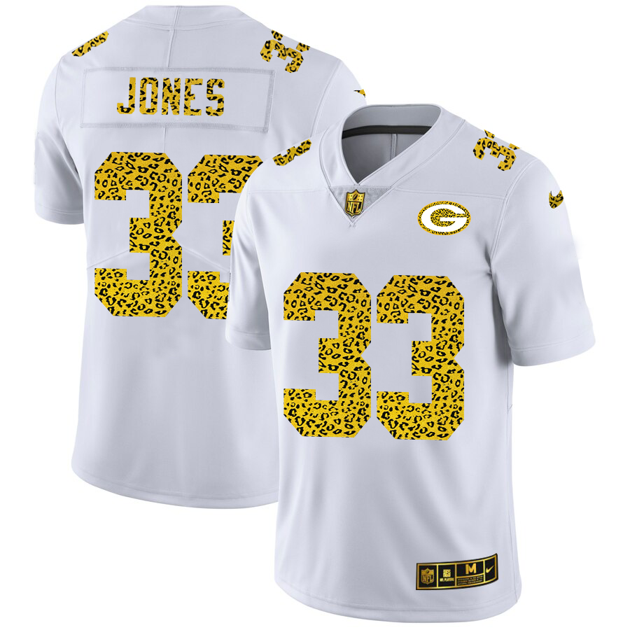 Green Bay Packers #33 Aaron Jones Men Nike Flocked Leopard Print Vapor Limited NFL Jersey White->green bay packers->NFL Jersey